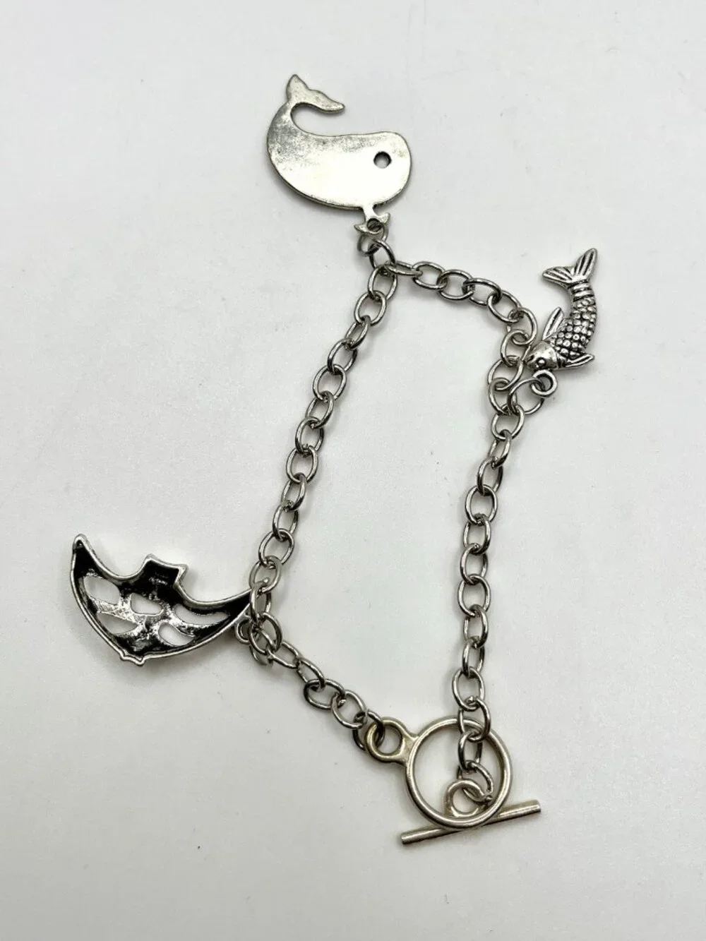 Vintage Silver Tone Ocean Charm Bracelet Whale Fish Angelfish Toggle Nautical